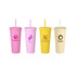 Four 24oz matte plastic cups in pink, purple, yellow, and cream, each with a lid and straw, featuring various logos.