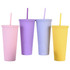 Four matte plastic cups in pink, purple, light blue, and yellow, each with a lid and straw. They feature a logo.