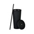 A drink cup in matte black with a lid and straw, designed for beverages. Features a simple design with branding.