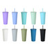 Assortment of 24oz matte plastic cups in various colours, each with a lid and straw, featuring a logo on some cups.