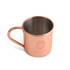 A copper Moscow Mule mug with a shiny finish and a handle, featuring a logo on the side.