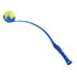 A blue ball thrower with a handle and a yellow tennis ball at the end. A blue ball thrower with a handle and a yellow tennis ball at the end.