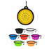 A collapsible silicone bowl in various colours, including yellow, black, blue, white, purple, and orange, with a logo.