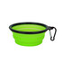 A 350ml collapsible silicone bowl in bright green with a black rim and a carabiner for easy carrying.