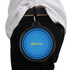 A collapsible blue silicone bowl with a black rim, attached to a person’s waistband by a clip, featuring a logo.