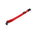 A red dog collar with adjustable straps and a black buckle, featuring a metal D-ring for attaching a leash.