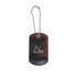 A metal dog tag on a ball chain, featuring a simple logo with a sleek, polished finish.