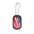 A dog tag with a rubber silencer features a design of the American flag, attached to a metal chain.