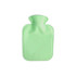 A green hot water bottle with a plush cover, featuring a simple design and rounded top. Suitable for home use.