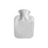 A white hot water bottle with a plush cover, featuring a rounded neck and a smooth surface.
