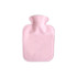 A pink hot water bottle with a plush cover, featuring a simple design and rounded neck. It has a logo.
