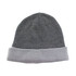 A knitted beanie in grey and black stripes, featuring a folded cuff and a branding logo.