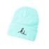 A mint green knitted beanie with a black embroidered message and a logo on the band.