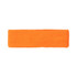An orange headband made of textured fabric, featuring a branding logo.