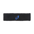 A black headband made of soft material, featuring a small blue logo.