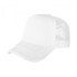 A white trucker cap with a solid front and mesh back, featuring a logo on the front.
