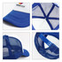 A blue trucker cap featuring a white front panel, mesh back, and an adjustable strap. It includes a logo.