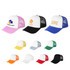 Five panel trucker caps in various colours, featuring mesh back and different logos on the front panels.