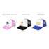 A 5 Panel Trucker Cap in pink, black, and blue, each with a logo on the front and mesh panels at the back.
