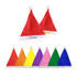 A set of colourful Santa hats in red, orange, yellow, green, blue, purple, and pink, featuring white pom-poms and branding.
