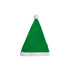 A green Santa hat with a white brim and a pom-pom on top, featuring a logo.