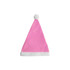 A pink Santa hat with a white rim and pom-pom on top. It has a soft, velvety texture.