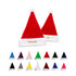 A set of plush Santa hats in red with white trim, featuring various additional colours and a branding logo.