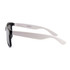Stylish sunglasses with black frames and white arms, featuring a minimalist design and a logo on the side.