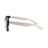 Stylish sunglasses featuring a black frame and white arms, with darker lenses and a logo on the side.