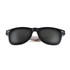 Stylish sunglasses in black with dark lenses, featuring a sleek design and a logo on the frame.