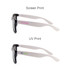 Stylish black sunglasses featuring white arms with printed branding. Includes two different print styles on the arms.
