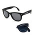 A pair of black folding sunglasses with dark lenses, featuring a logo on the arm.