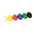 A set of six smooth, oval stress balls in white, yellow, red, blue, green, and black, arranged in a row.