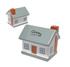 A house-shaped stress reliever in grey, white, and orange, featuring a chimney and a logo on the front.