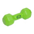 A green dumbbell-shaped stress reliever with a logo on the side, designed for fun and stress relief.
