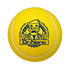 A yellow tennis-shaped stress reliever featuring a logo with a cartoon character and text.