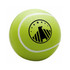 A bright yellow tennis-shaped stress reliever with a textured surface and a logo printed on it.