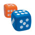 Two cube-shaped stress relievers in vibrant orange and blue, each featuring white dots. One has six dots and the other has five.
