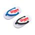 A pair of flip-flop shaped stress relievers in white with blue and black accents, featuring a logo.