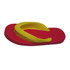 A red and yellow flip-flop shaped stress reliever, featuring a logo on the surface.