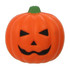 A smiling orange pumpkin stress reliever with black facial features and a green stem.
