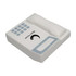 A white telephone-shaped stress reliever with a grey keypad and a logo on the surface.