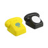 A yellow and black phone-shaped stress reliever with a logo on the yellow one.
