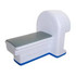 A white scanner machine-shaped stress reliever with a grey top and a blue base, designed for fun and relaxation.