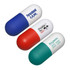 A capsule-shaped stress reliever in blue, red, and green, featuring a logo on the surface.