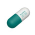 A capsule-shaped stress reliever in teal and white, featuring a logo.