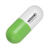 A capsule-shaped stress reliever in green and white, featuring a logo on the surface.
