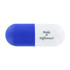 A capsule-shaped stress reliever in blue and white, featuring a logo and an inspirational phrase.