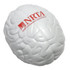 A white brain-shaped stress reliever featuring a logo on one side.