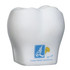 A white tooth-shaped stress reliever with a logo on one side. Suitable for fun and stress relief activities.